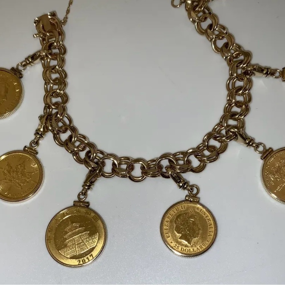 Solid 14 Kt Gold Charm Bracelet With Six Genuine .999 Pure Gold Coins - Picture 4 of 9